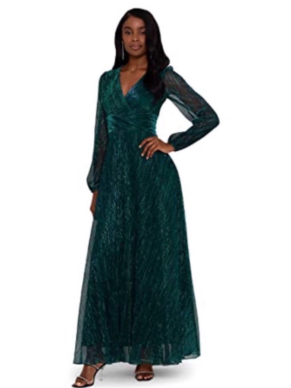 BETSY & ADAM Crinkle-Texture Sheer Long Sleeve Evening Gown in Jade Size 6